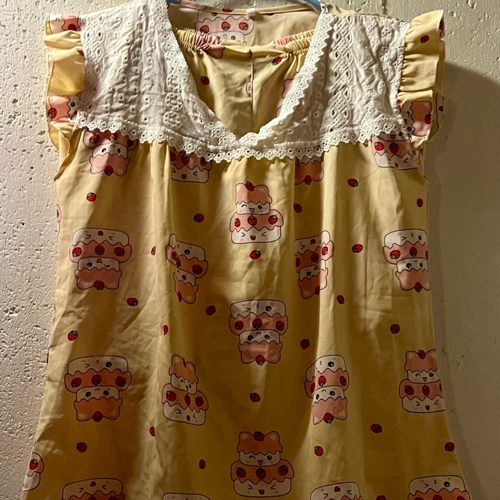 Cute cartoon hamster 2 piece pajamas set with strawberries. Size M. Polyester.